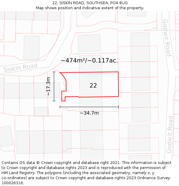 22, SISKIN ROAD, SOUTHSEA, PO4 8UG: Plot and title map