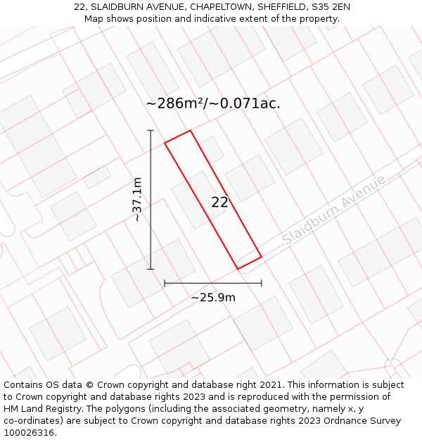 22, SLAIDBURN AVENUE, CHAPELTOWN, SHEFFIELD, S35 2EN: Plot and title map