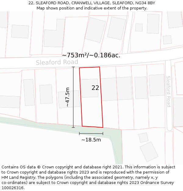 22, SLEAFORD ROAD, CRANWELL VILLAGE, SLEAFORD, NG34 8BY: Plot and title map