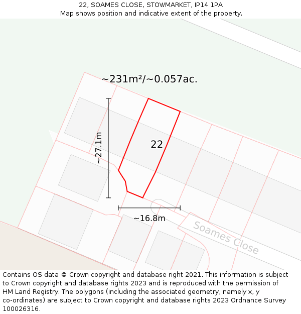 22, SOAMES CLOSE, STOWMARKET, IP14 1PA: Plot and title map