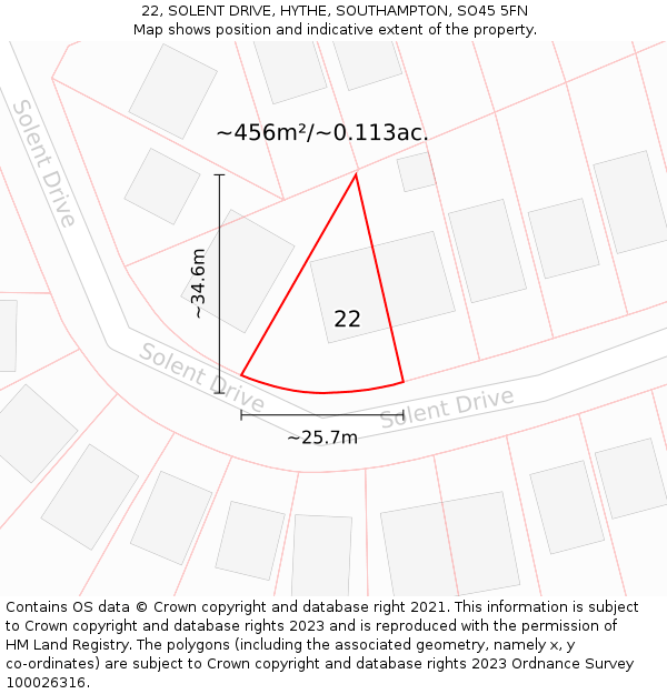 22, SOLENT DRIVE, HYTHE, SOUTHAMPTON, SO45 5FN: Plot and title map