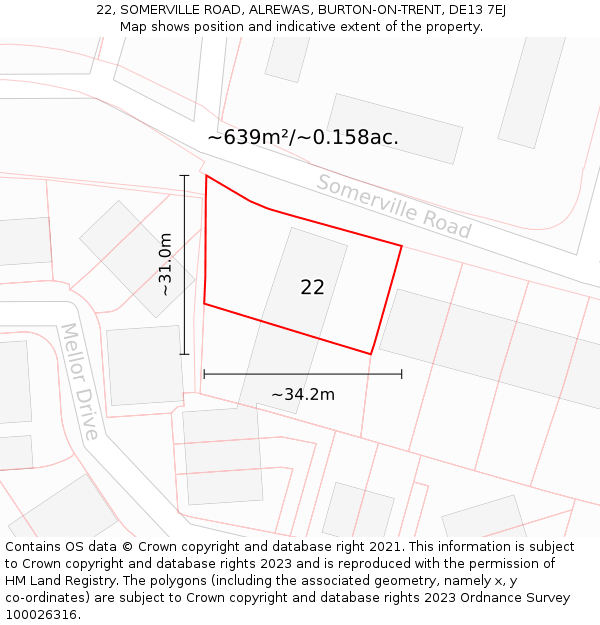 22, SOMERVILLE ROAD, ALREWAS, BURTON-ON-TRENT, DE13 7EJ: Plot and title map