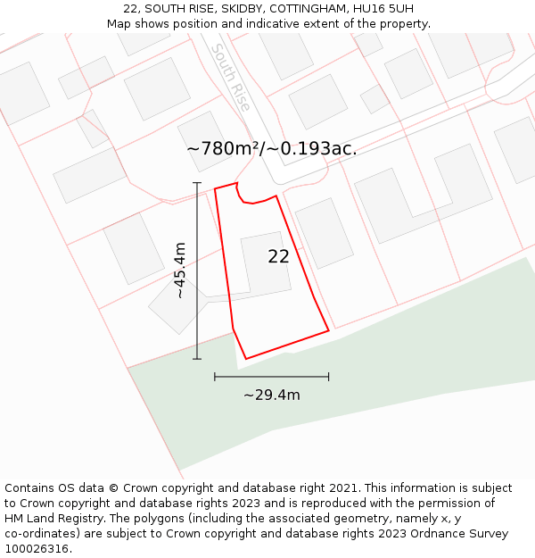 22, SOUTH RISE, SKIDBY, COTTINGHAM, HU16 5UH: Plot and title map