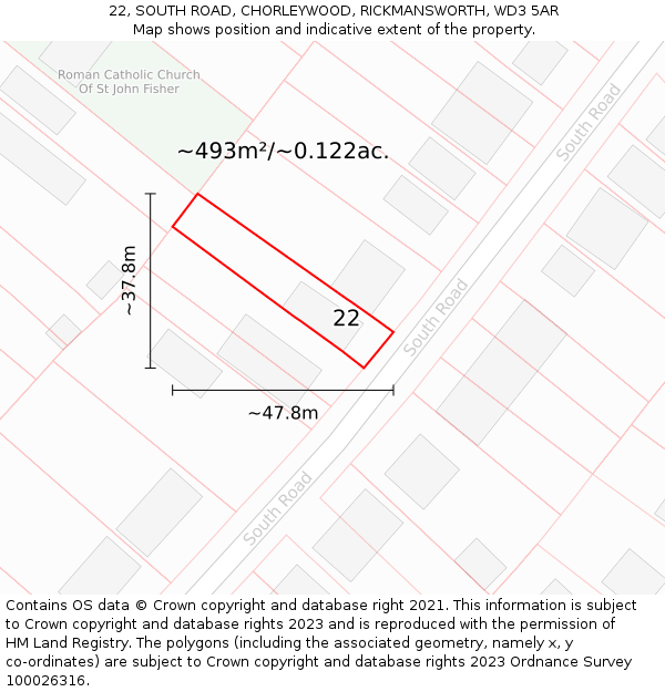 22, SOUTH ROAD, CHORLEYWOOD, RICKMANSWORTH, WD3 5AR: Plot and title map