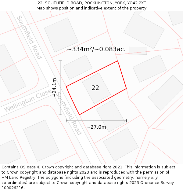 22, SOUTHFIELD ROAD, POCKLINGTON, YORK, YO42 2XE: Plot and title map