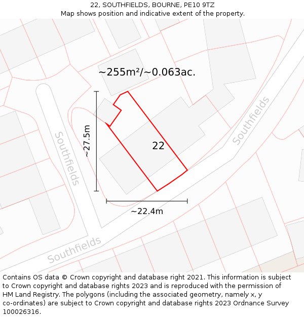 22, SOUTHFIELDS, BOURNE, PE10 9TZ: Plot and title map