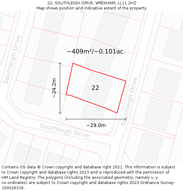 22, SOUTHLEIGH DRIVE, WREXHAM, LL11 2HZ: Plot and title map