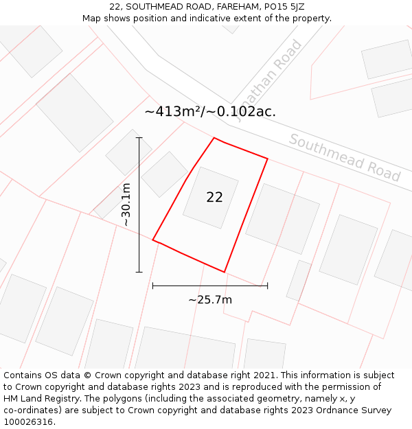 22, SOUTHMEAD ROAD, FAREHAM, PO15 5JZ: Plot and title map