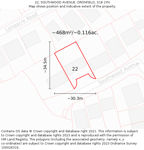 22, SOUTHWOOD AVENUE, DRONFIELD, S18 1YN: Plot and title map