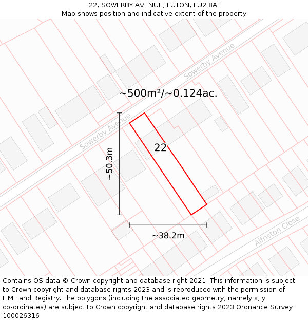 22, SOWERBY AVENUE, LUTON, LU2 8AF: Plot and title map