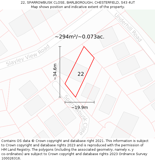 22, SPARROWBUSK CLOSE, BARLBOROUGH, CHESTERFIELD, S43 4UT: Plot and title map