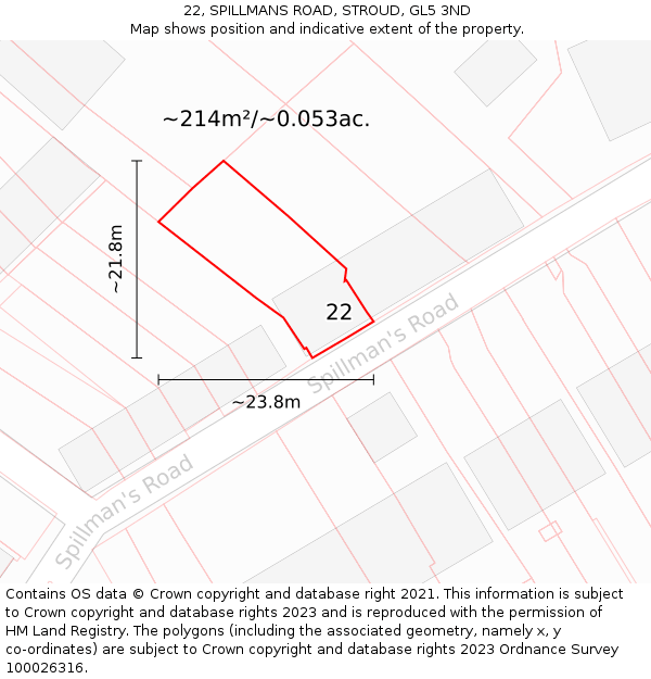 22, SPILLMANS ROAD, STROUD, GL5 3ND: Plot and title map