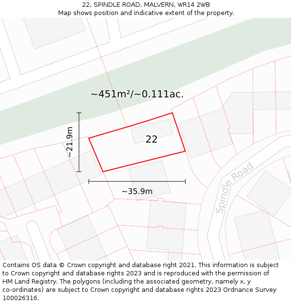 22, SPINDLE ROAD, MALVERN, WR14 2WB: Plot and title map