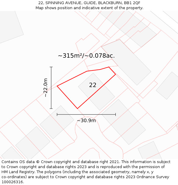 22, SPINNING AVENUE, GUIDE, BLACKBURN, BB1 2QF: Plot and title map