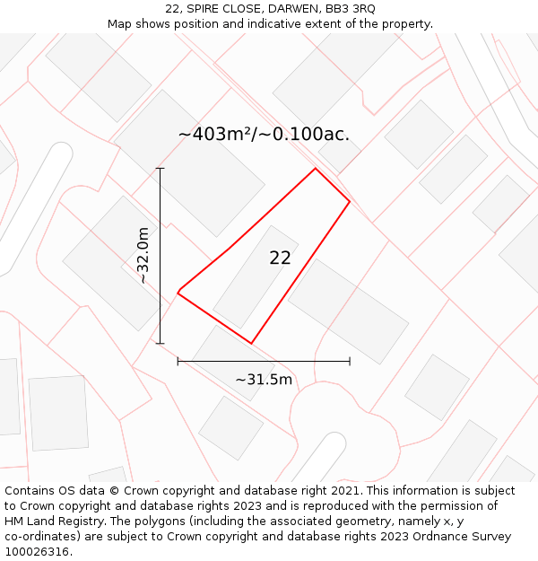 22, SPIRE CLOSE, DARWEN, BB3 3RQ: Plot and title map