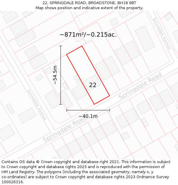 22, SPRINGDALE ROAD, BROADSTONE, BH18 9BT: Plot and title map