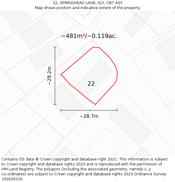 22, SPRINGHEAD LANE, ELY, CB7 4QY: Plot and title map