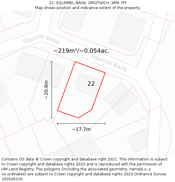 22, SQUIRREL BANK, DROITWICH, WR9 7FF: Plot and title map