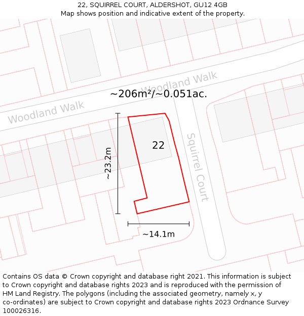 22, SQUIRREL COURT, ALDERSHOT, GU12 4GB: Plot and title map