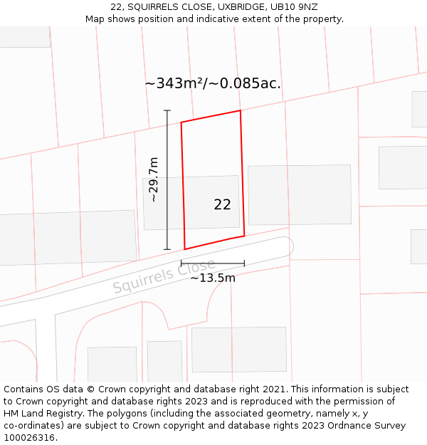 22, SQUIRRELS CLOSE, UXBRIDGE, UB10 9NZ: Plot and title map