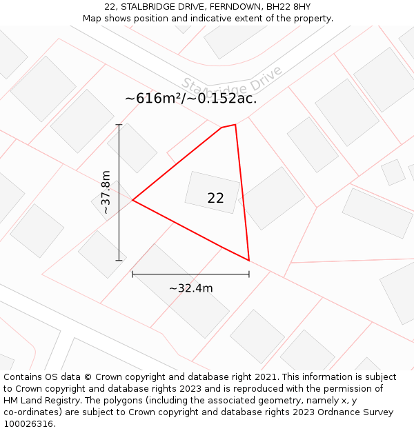 22, STALBRIDGE DRIVE, FERNDOWN, BH22 8HY: Plot and title map