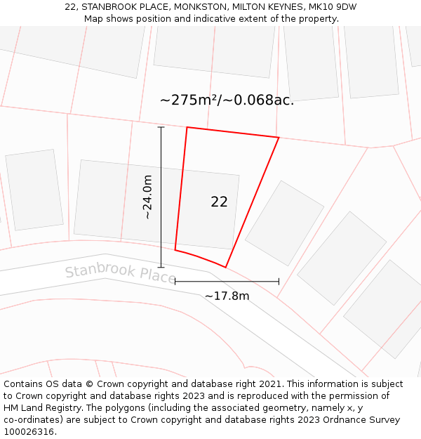 22, STANBROOK PLACE, MONKSTON, MILTON KEYNES, MK10 9DW: Plot and title map