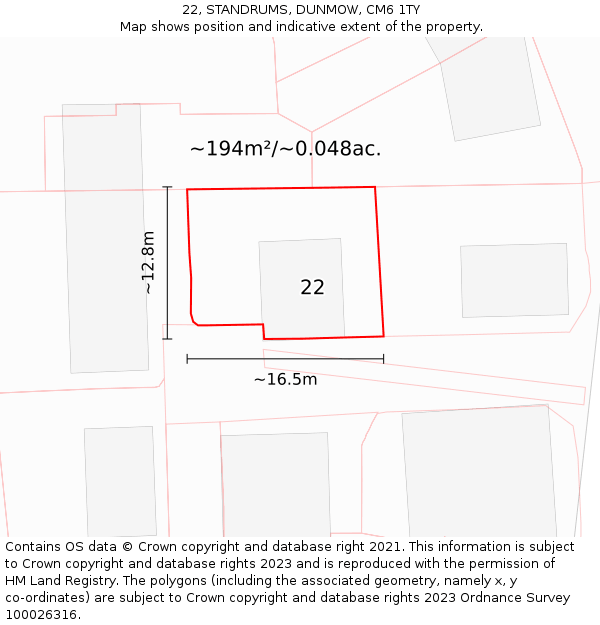 22, STANDRUMS, DUNMOW, CM6 1TY: Plot and title map