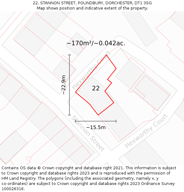 22, STANNON STREET, POUNDBURY, DORCHESTER, DT1 3SG: Plot and title map