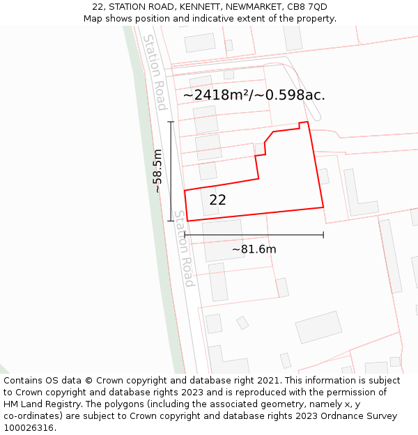 22, STATION ROAD, KENNETT, NEWMARKET, CB8 7QD: Plot and title map