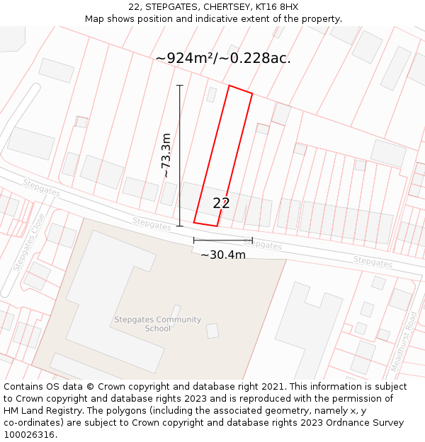 22, STEPGATES, CHERTSEY, KT16 8HX: Plot and title map