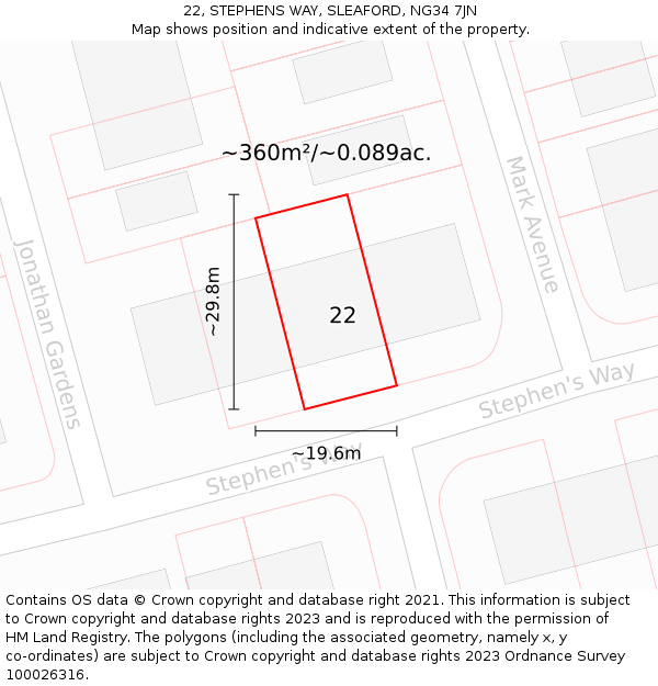 22, STEPHENS WAY, SLEAFORD, NG34 7JN: Plot and title map