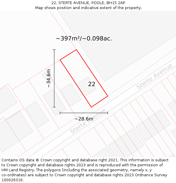 22, STERTE AVENUE, POOLE, BH15 2AP: Plot and title map