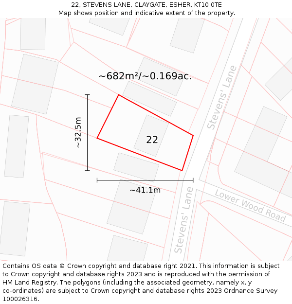 22, STEVENS LANE, CLAYGATE, ESHER, KT10 0TE: Plot and title map