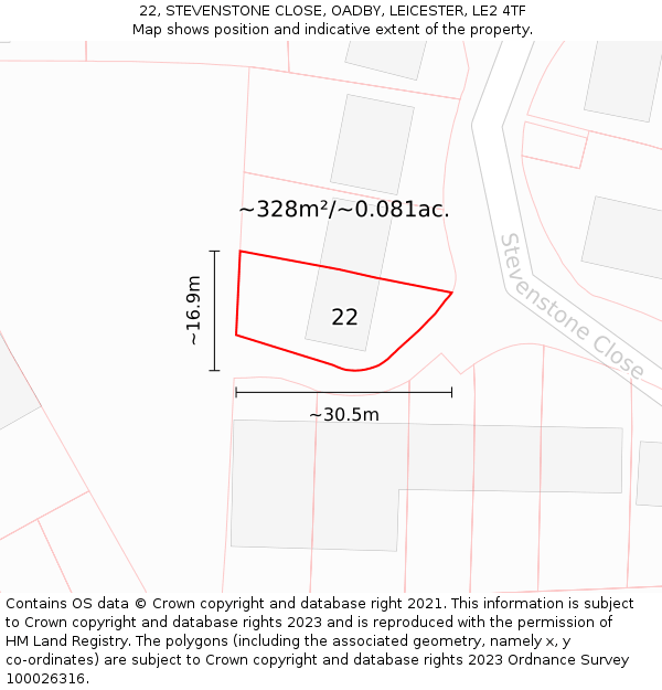 22, STEVENSTONE CLOSE, OADBY, LEICESTER, LE2 4TF: Plot and title map