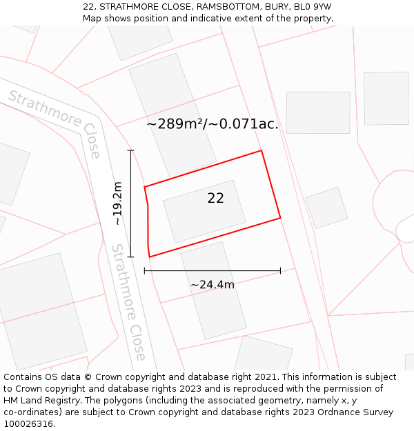 22, STRATHMORE CLOSE, RAMSBOTTOM, BURY, BL0 9YW: Plot and title map