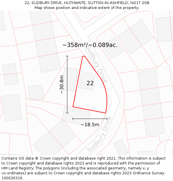 22, SUDBURY DRIVE, HUTHWAITE, SUTTON-IN-ASHFIELD, NG17 2SB: Plot and title map