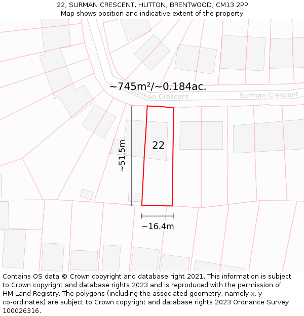 22, SURMAN CRESCENT, HUTTON, BRENTWOOD, CM13 2PP: Plot and title map