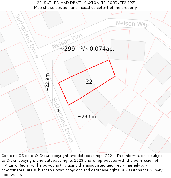 22, SUTHERLAND DRIVE, MUXTON, TELFORD, TF2 8PZ: Plot and title map