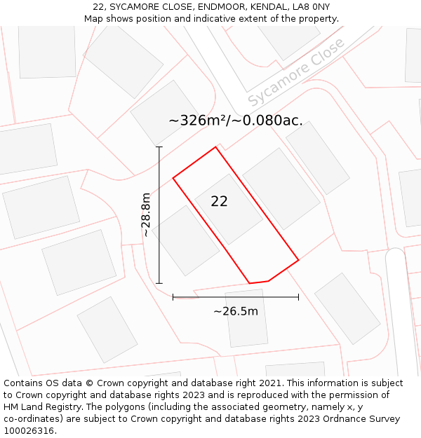 22, SYCAMORE CLOSE, ENDMOOR, KENDAL, LA8 0NY: Plot and title map