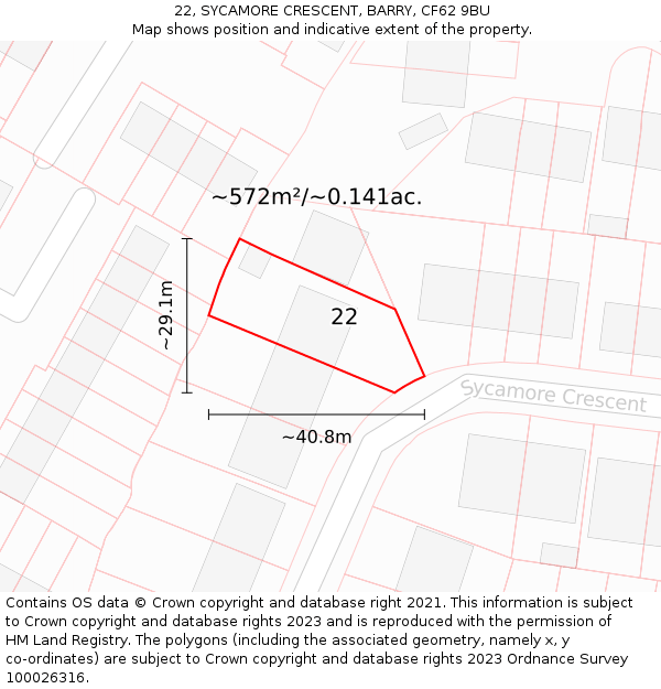 22, SYCAMORE CRESCENT, BARRY, CF62 9BU: Plot and title map