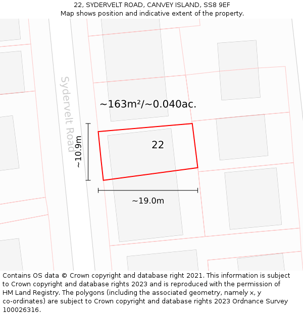 22, SYDERVELT ROAD, CANVEY ISLAND, SS8 9EF: Plot and title map