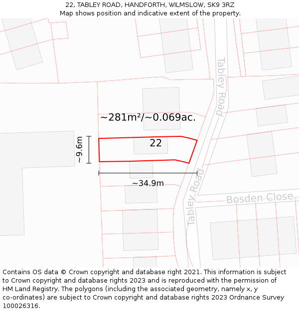 22, TABLEY ROAD, HANDFORTH, WILMSLOW, SK9 3RZ: Plot and title map