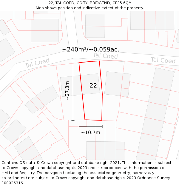 22, TAL COED, COITY, BRIDGEND, CF35 6QA: Plot and title map