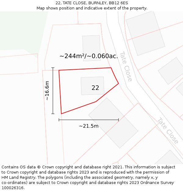 22, TATE CLOSE, BURNLEY, BB12 6ES: Plot and title map