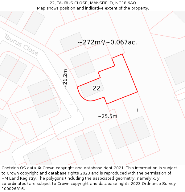 22, TAURUS CLOSE, MANSFIELD, NG18 6AQ: Plot and title map
