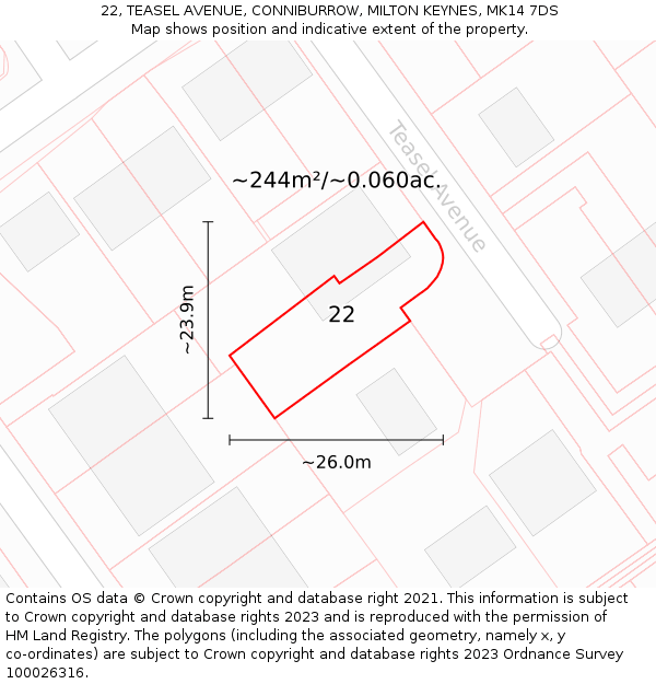 22, TEASEL AVENUE, CONNIBURROW, MILTON KEYNES, MK14 7DS: Plot and title map