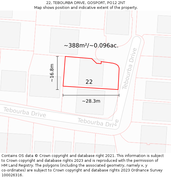 22, TEBOURBA DRIVE, GOSPORT, PO12 2NT: Plot and title map