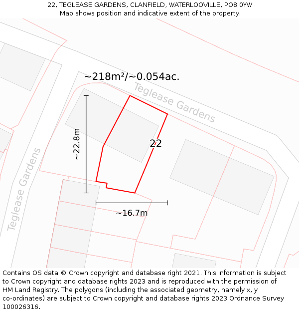 22, TEGLEASE GARDENS, CLANFIELD, WATERLOOVILLE, PO8 0YW: Plot and title map