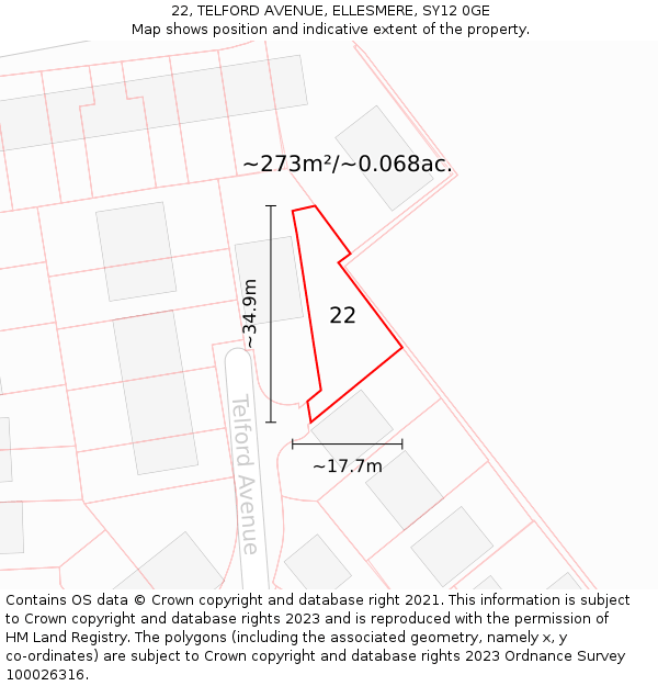 22, TELFORD AVENUE, ELLESMERE, SY12 0GE: Plot and title map