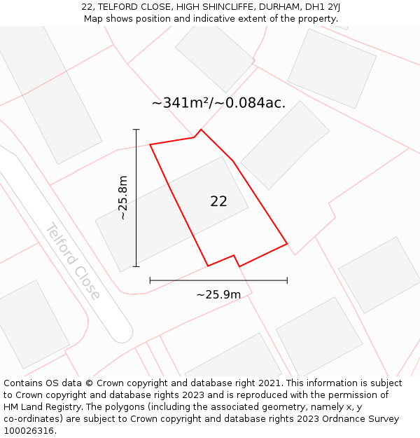 22, TELFORD CLOSE, HIGH SHINCLIFFE, DURHAM, DH1 2YJ: Plot and title map